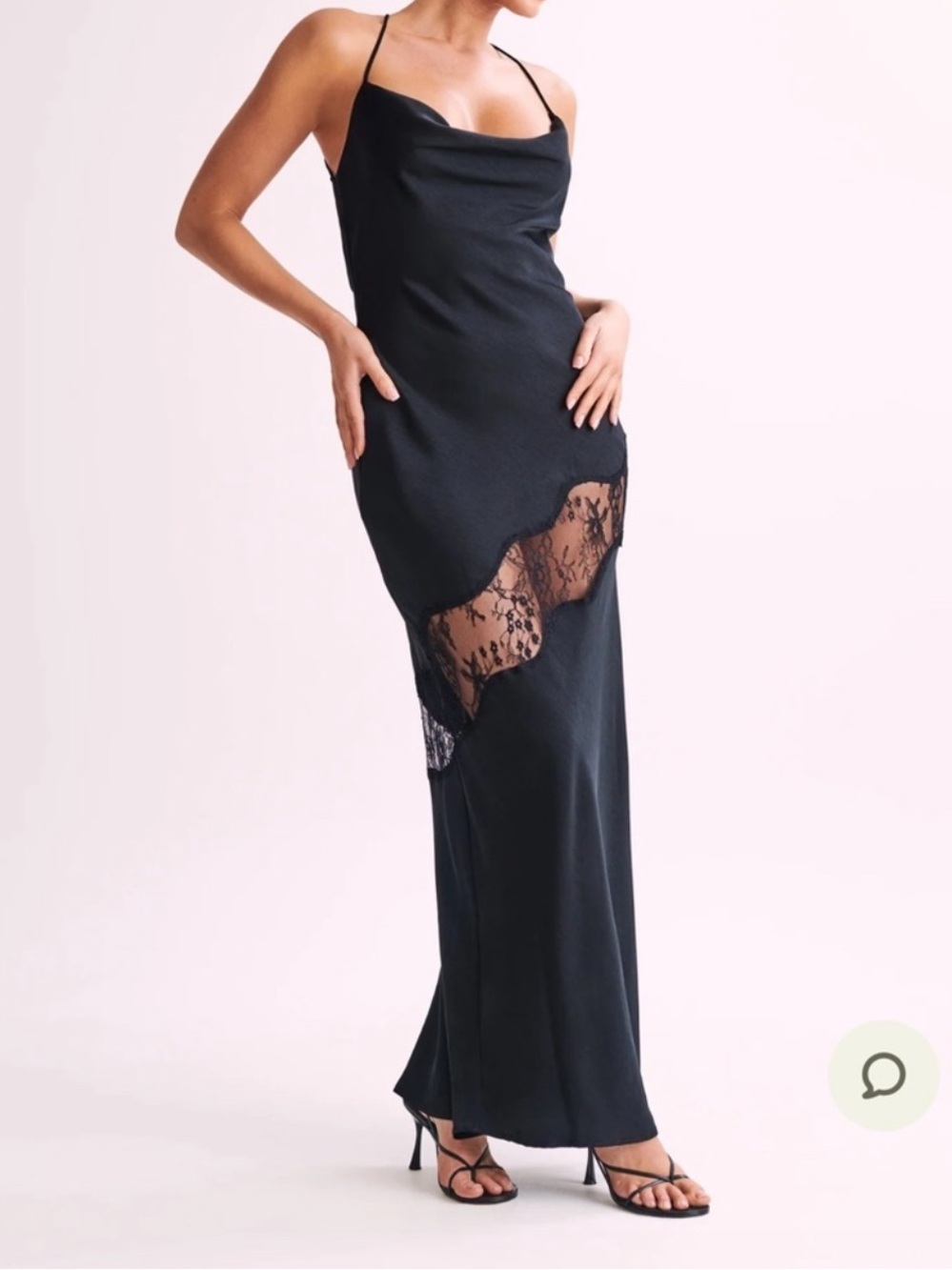 NWT Meshki Black Chandra Lace Detail Satin Maxi Backless Slip Dress, size XL